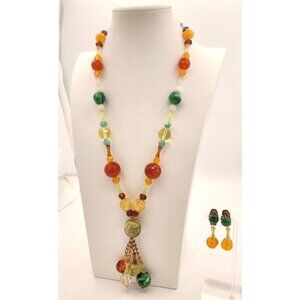 Chunky Colorful Vintage Beaded Tassle Necklace and Clip On Earring Set 60s Fun